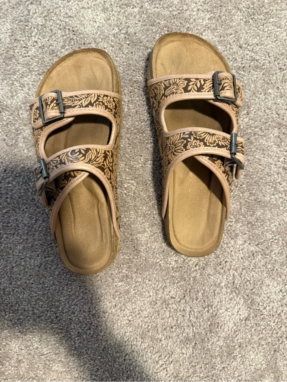 Women's Floral Double-Buckle Slide Sandals - Tan